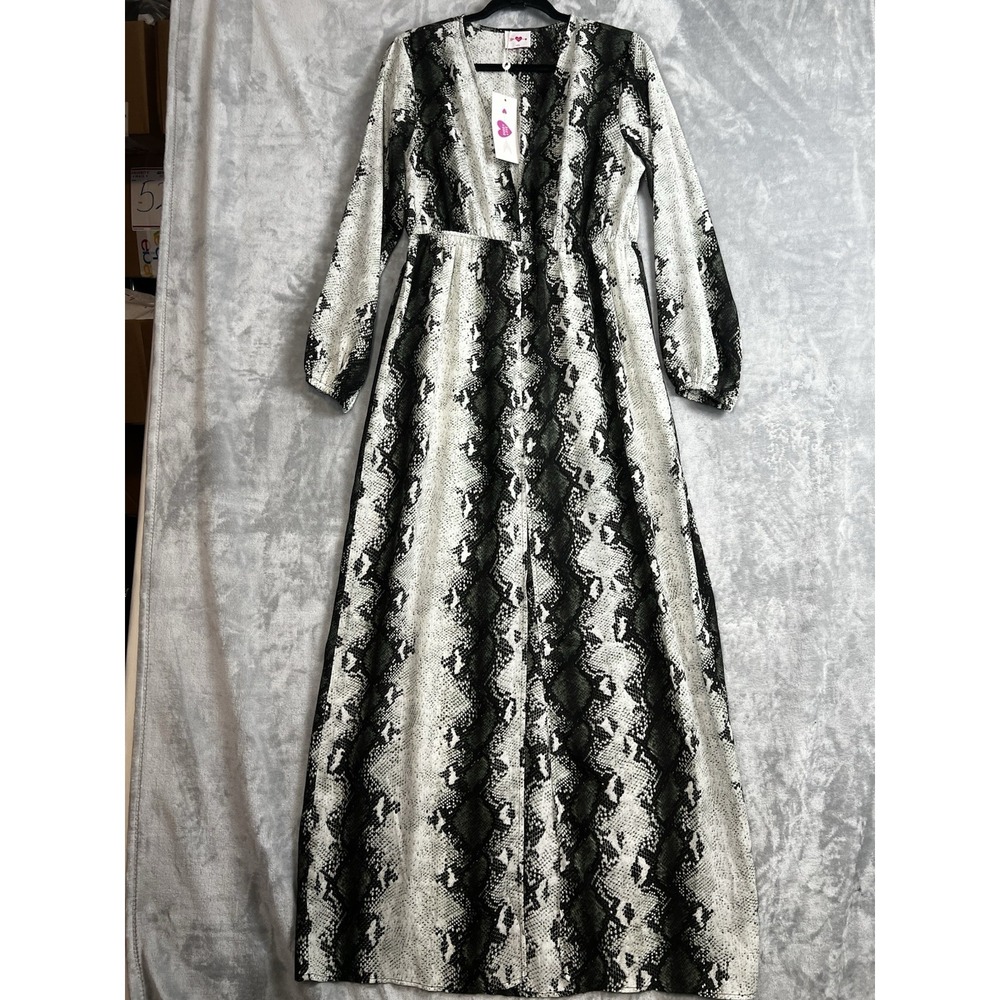Buddy Love Snakeskin Print Maxi Dress Grey Black V-Neck Long Sleeve Slit Large - Picture 4 of 16